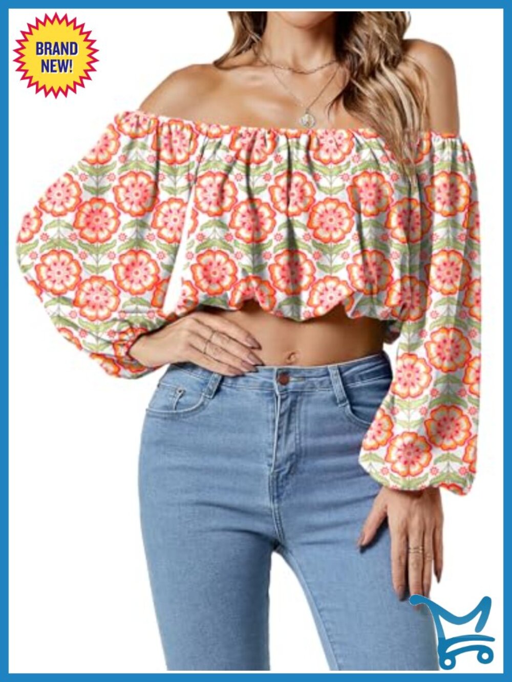 Off Shoulder Crop Top with Lantern Long Sleeves & Ruched Details